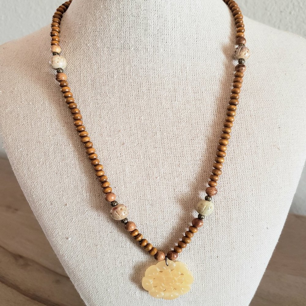 Wood Beaded Necklace with Neutral Pendant 20" Long